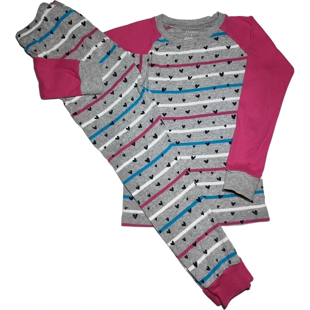 Hatley Girls Sz 6 Long Sleeve Pants Pajama 2pc Set Hearts Gray Stripe Pink White